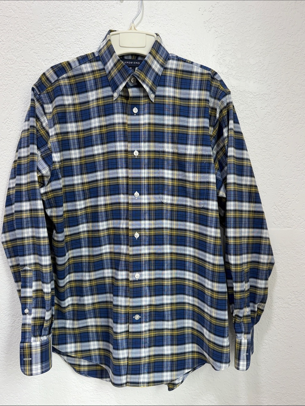 Lands' End Men's Blue, White and Yellow Plaid Button-Down Shirt NWOT Size M